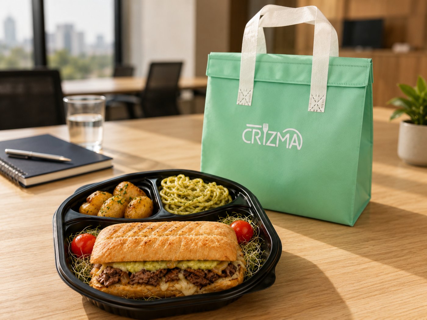 Box lunch corporativo CRYZMA en bolsa de entrega sobre mesa de oficina