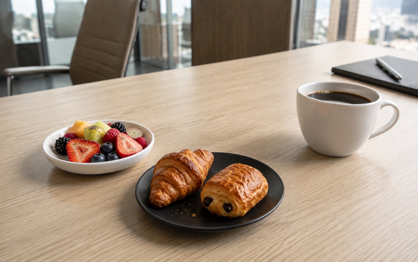 Coffee break corporativo CRYZMA con croissant, fruta y café en oficina