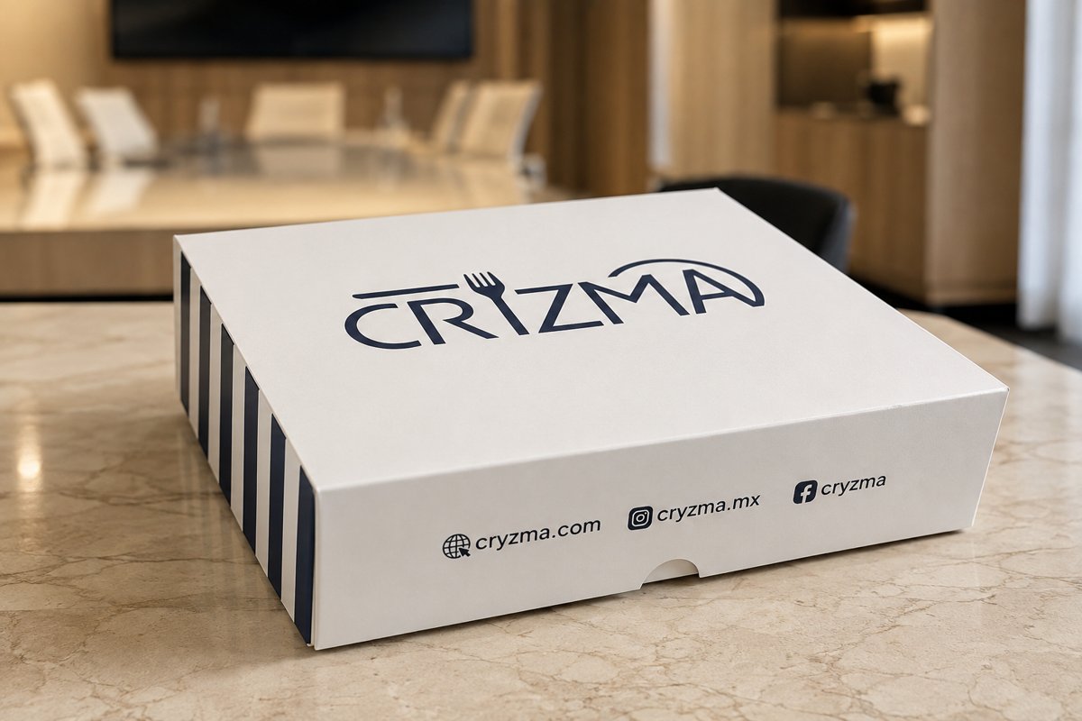 Caja de catering CRYZMA con su marca, lista para entrega corporativa