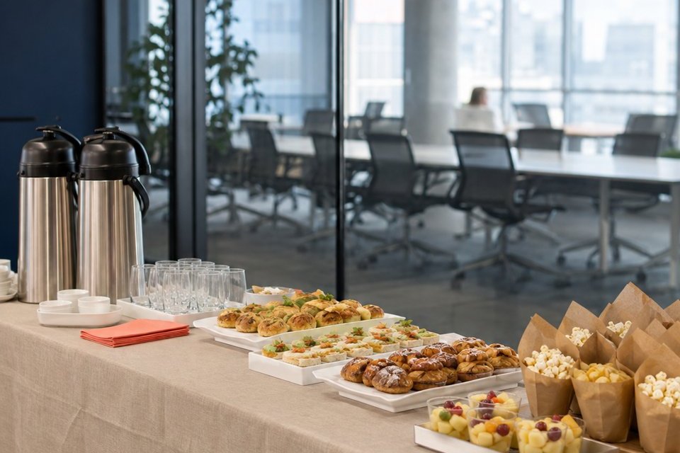 Servicio de desayuno corporativo CRYZMA montado en oficina contemporánea