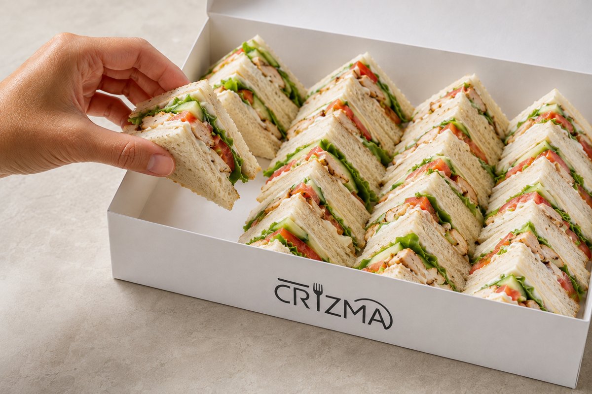Sándwiches surtidos CRYZMA en caja de marca para evento corporativo