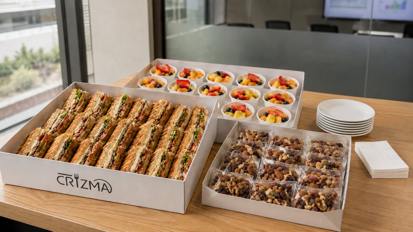 Coffee break corporativo: café, fruta, snacks y bocadillos montados