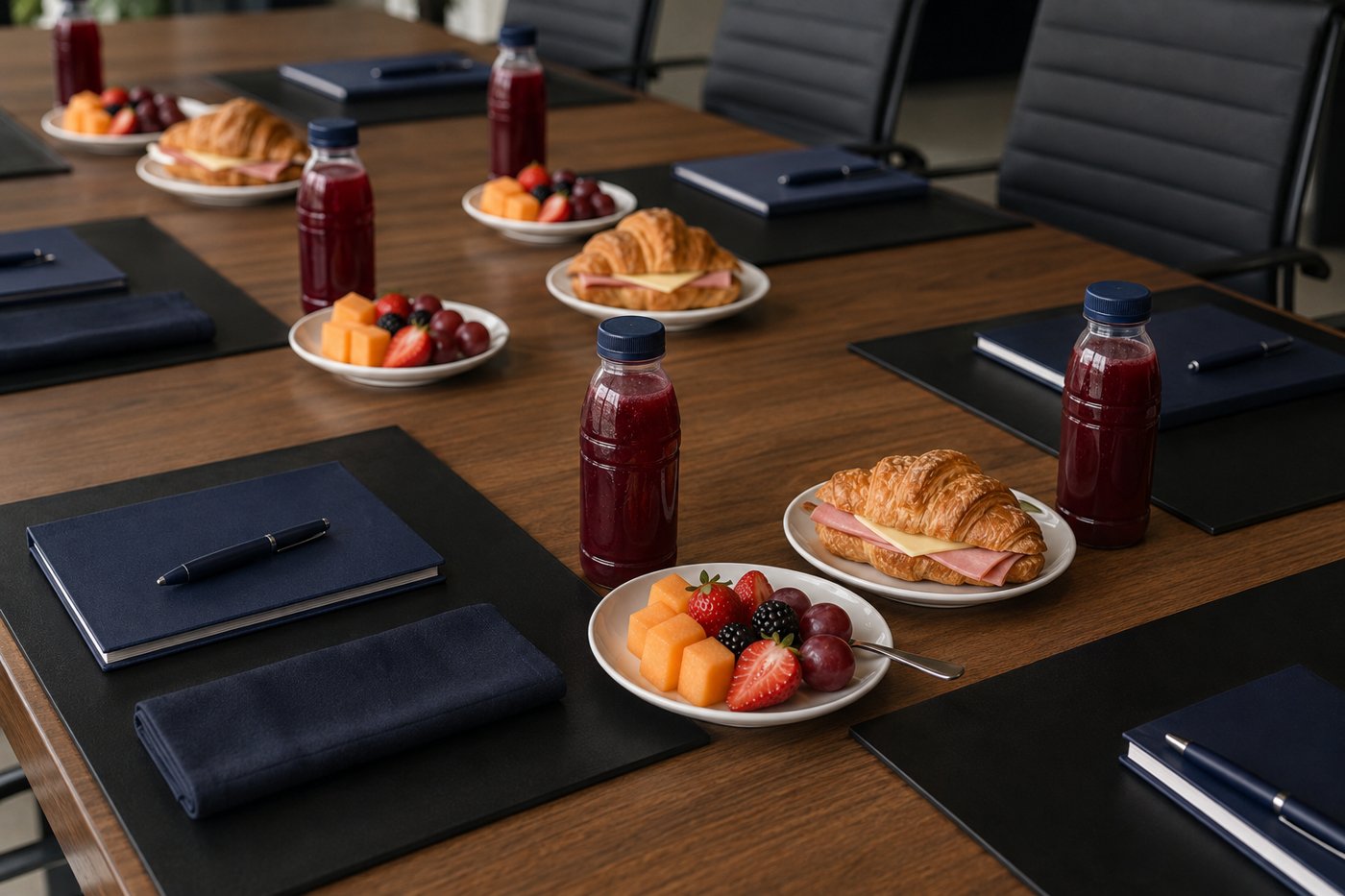 Coffee break ligero para junta ejecutiva: croissants, fruta y bebidas en sala de juntas